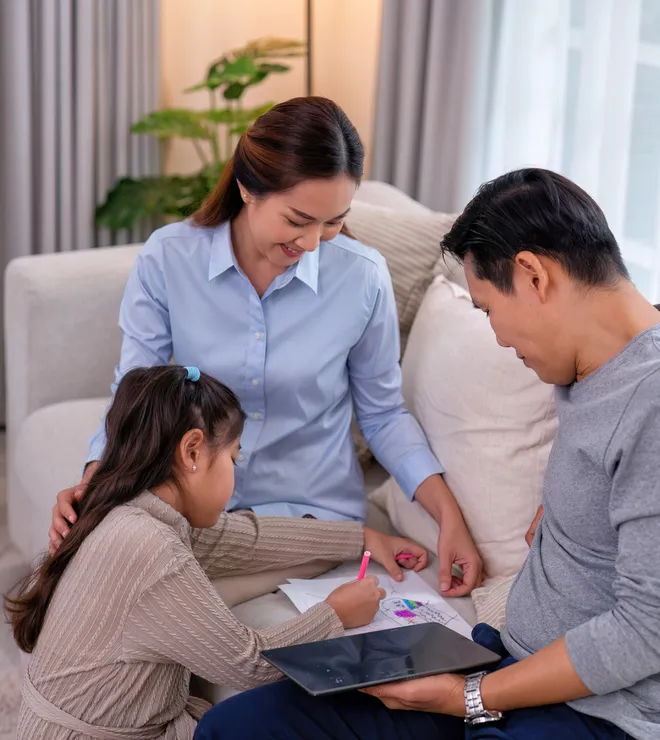 Parents helping their daughter with drawing at home